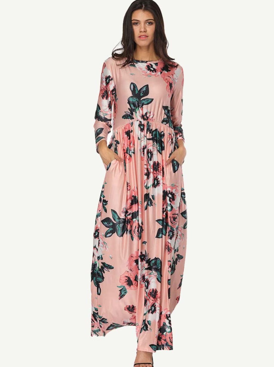 Gracious Long Sleeves Allover Floral Maxi Dress Round Neck