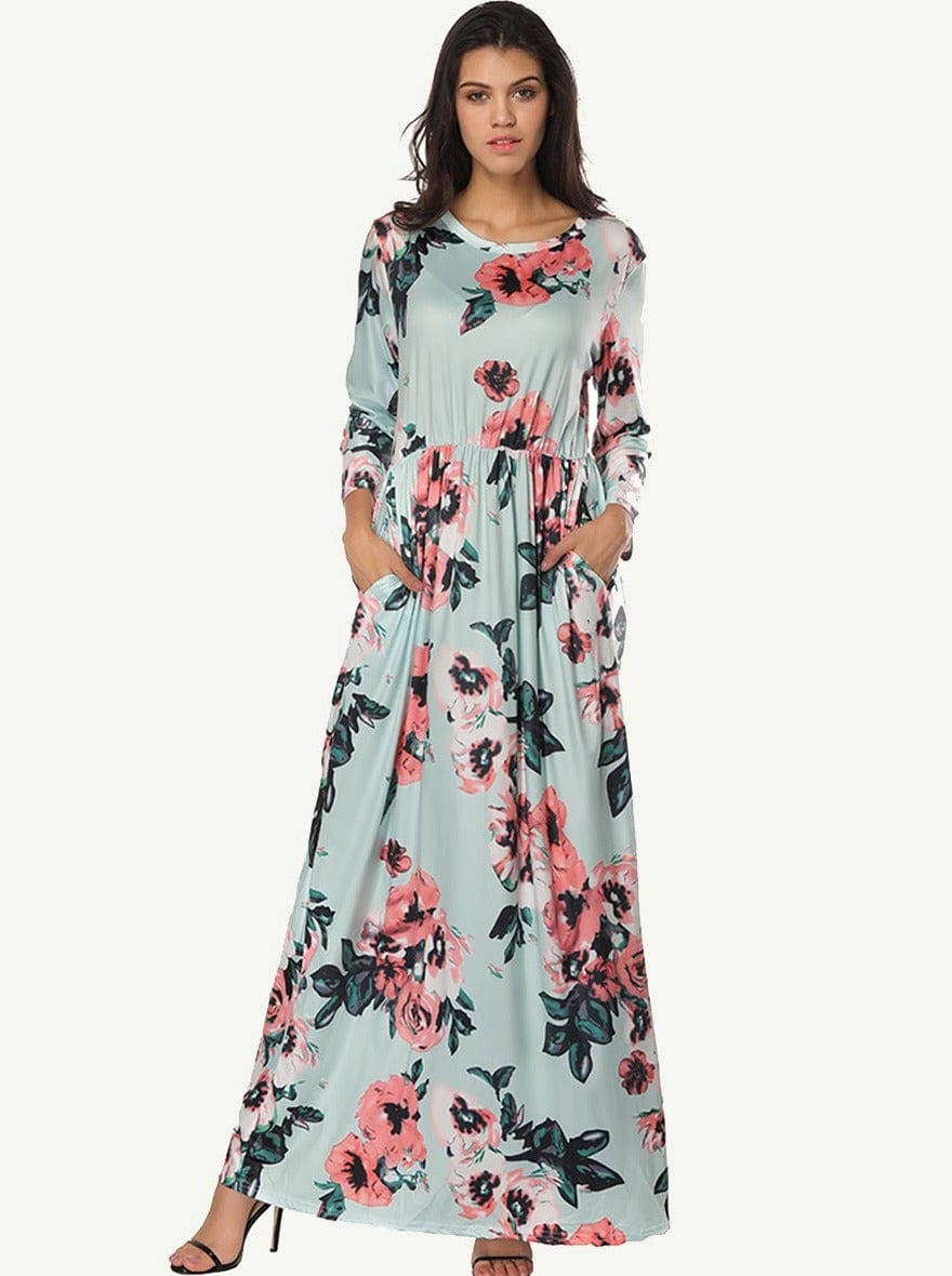 Gracious Long Sleeves Allover Floral Maxi Dress Round Neck