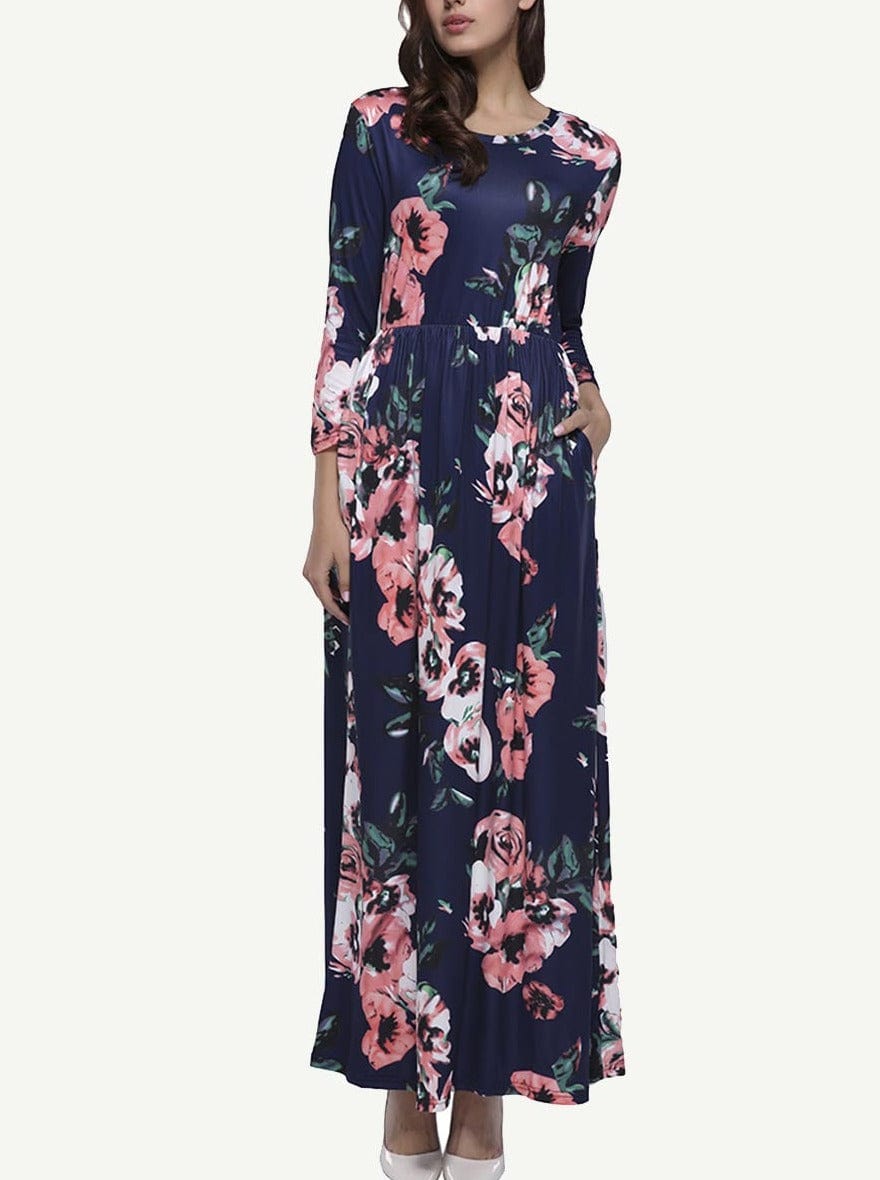 Gracious Long Sleeves Allover Floral Maxi Dress Round Neck