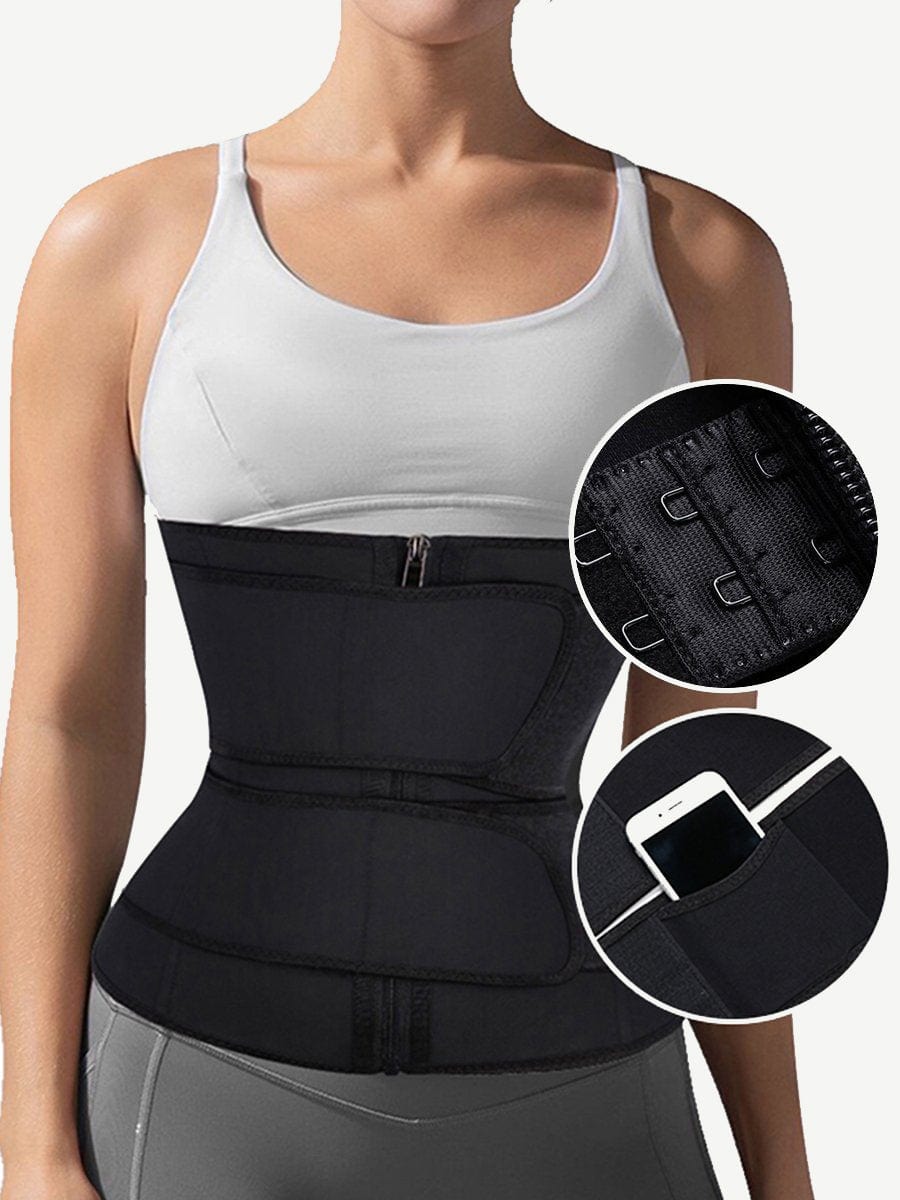 Black Plus Size Latex Double Belt Waist Trainer 7 Steel Bones Compression