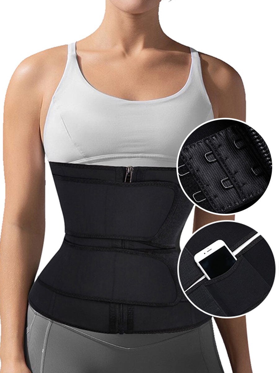 Black Plus Size Latex Double Belt Waist Trainer 7 Steel Bones Compression