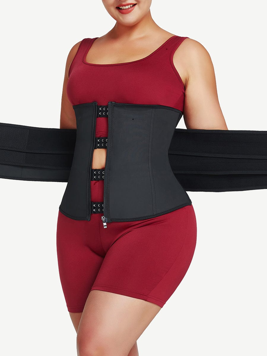 Three Belts Black Latex Waist Trainer 7 Steel Bones Flatten Tummy