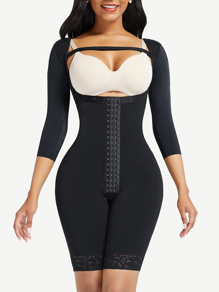 Lace Trim Hourglass Body Shaper With Sleeves Good Elastic