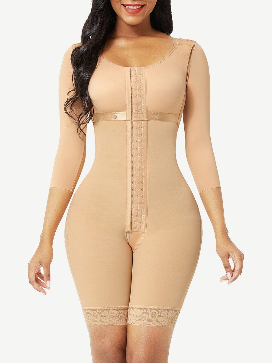 Lace Trim Hourglass Body Shaper With Sleeves Good Elastic