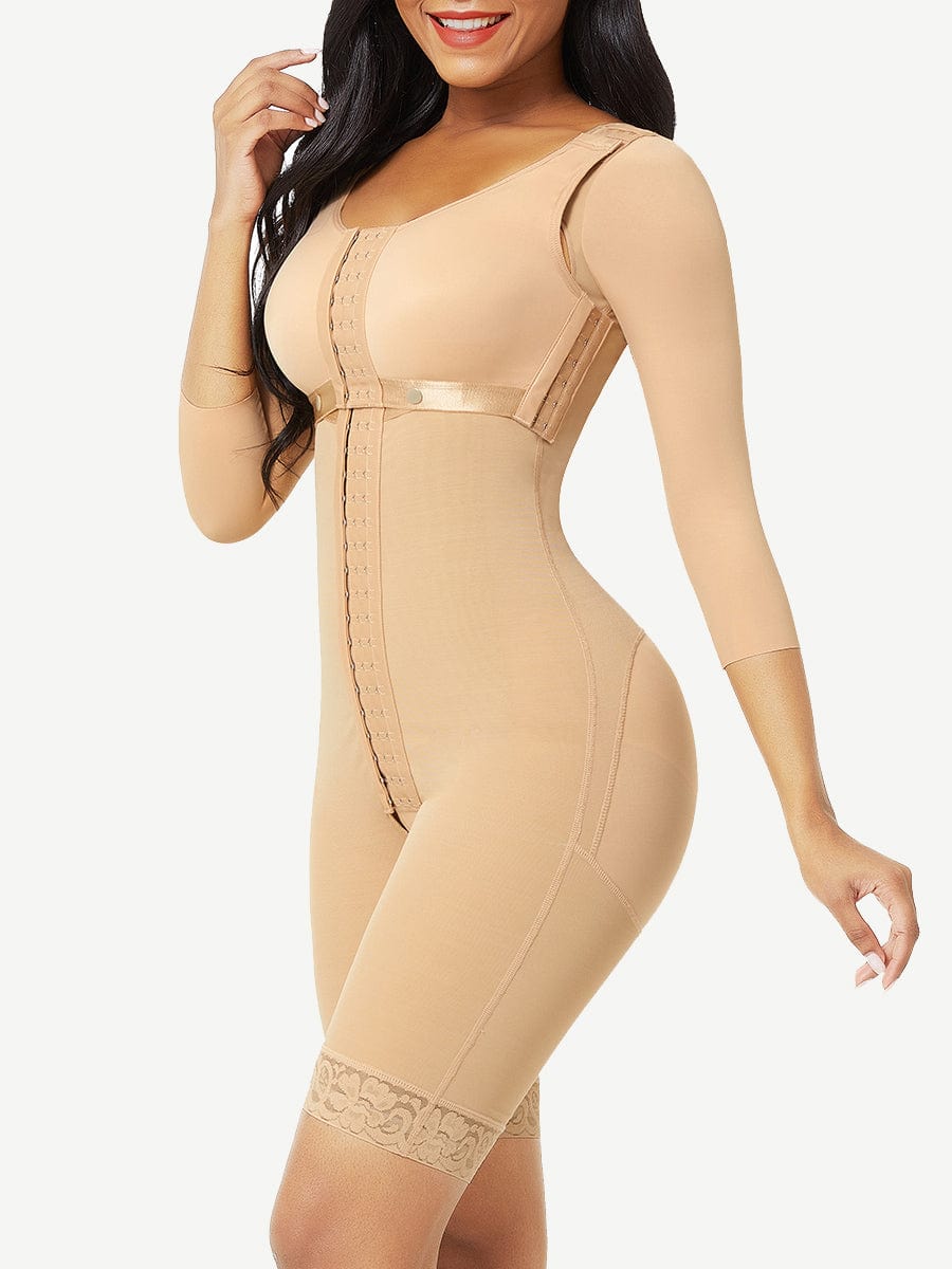 Lace Trim Hourglass Body Shaper With Sleeves Good Elastic