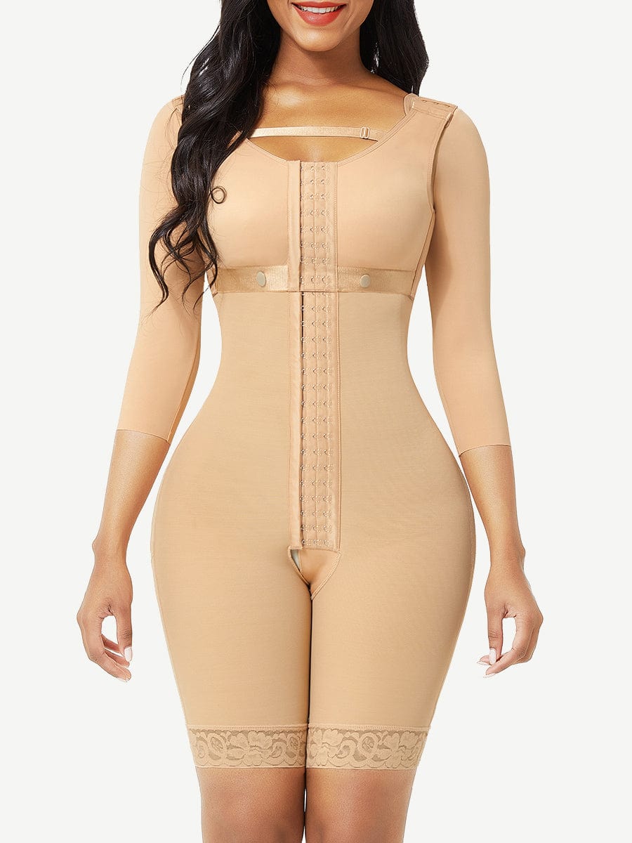 Lace Trim Hourglass Body Shaper With Sleeves Good Elastic