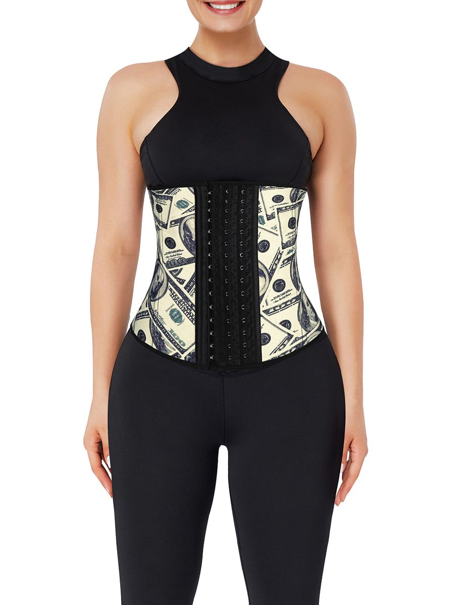 Money Pattern Latex Waist Cincher With Hooks Tummy Control