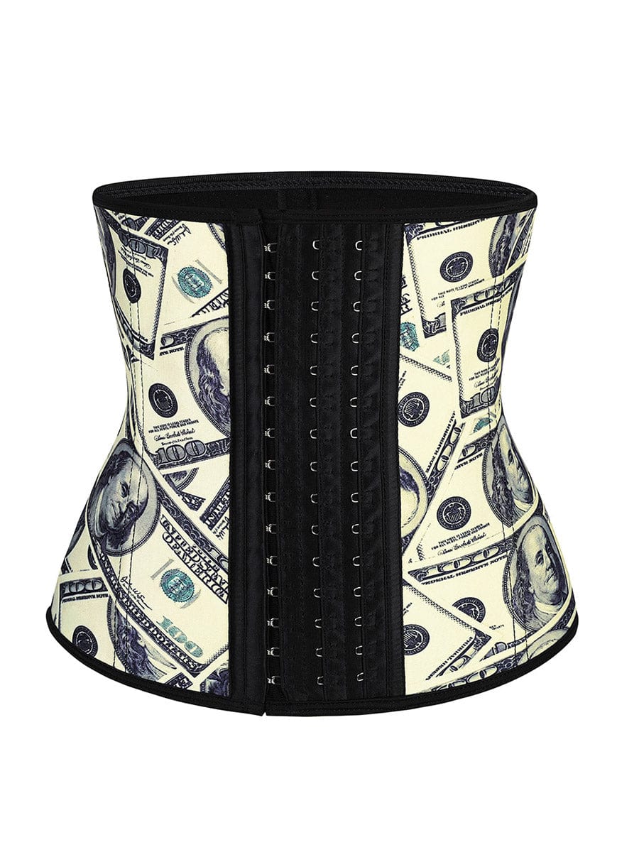 Money Pattern Latex Waist Cincher With Hooks Tummy Control