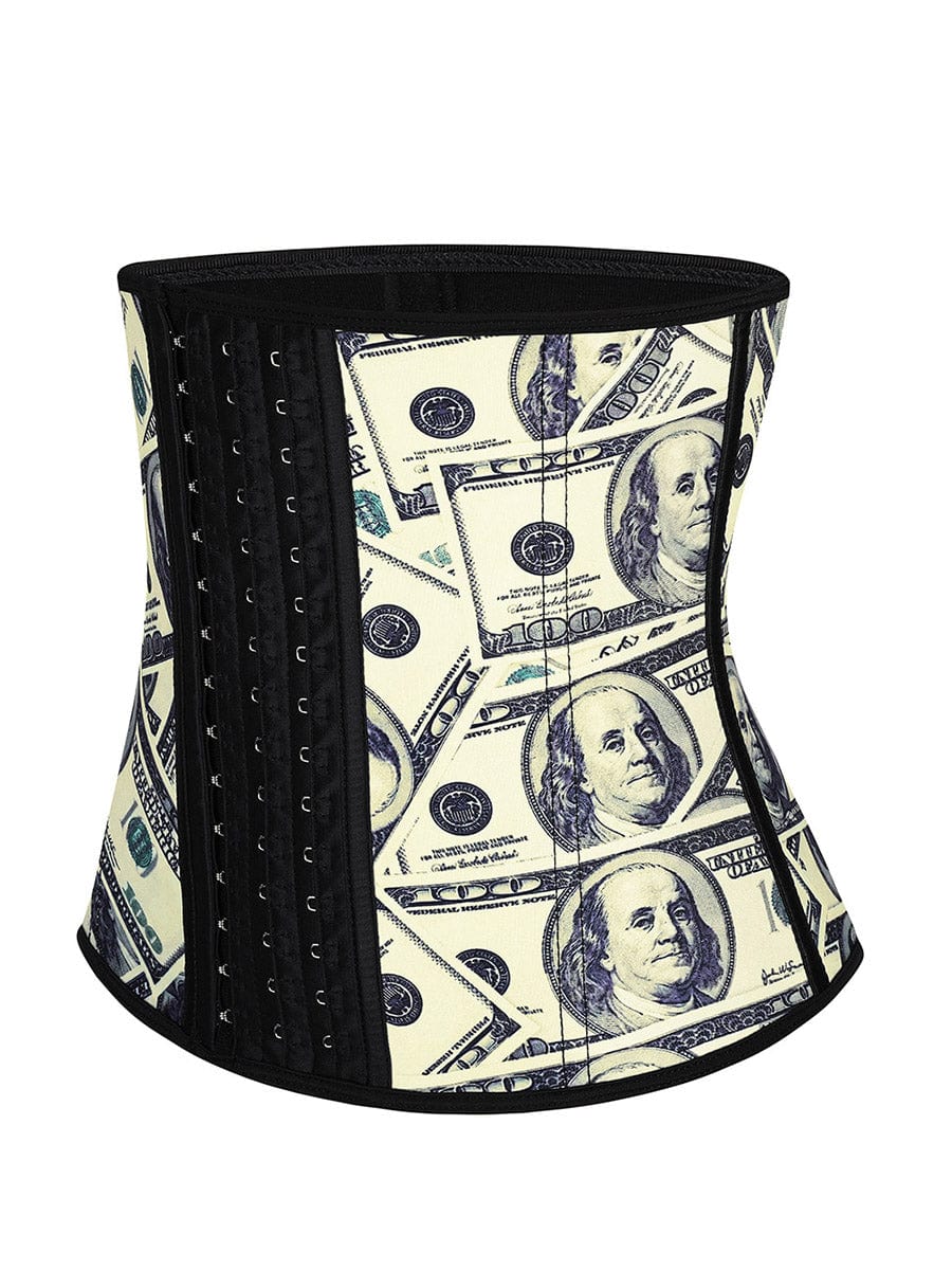 Money Pattern Latex Waist Cincher With Hooks Tummy Control