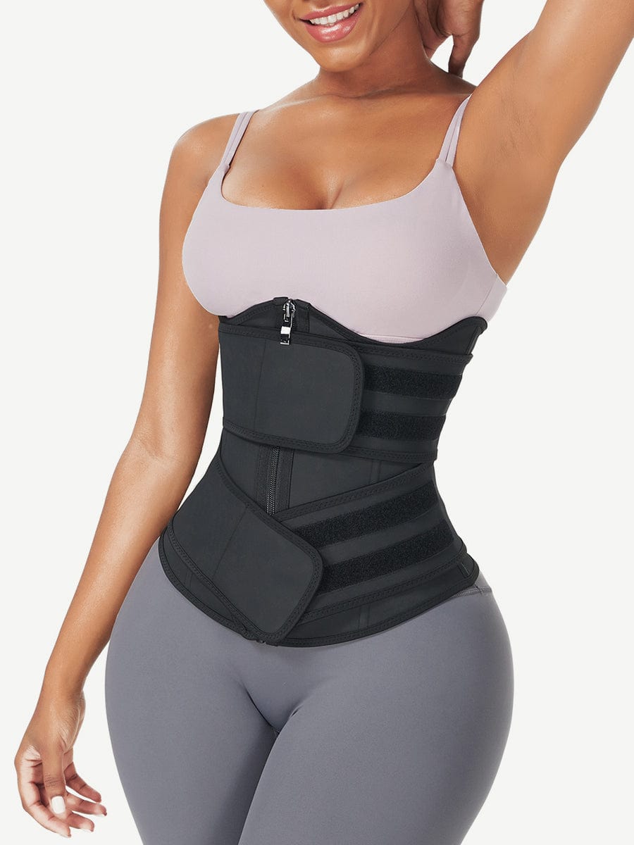 Black Under Bust Latex Waist Trainer Double Belt Waist Control