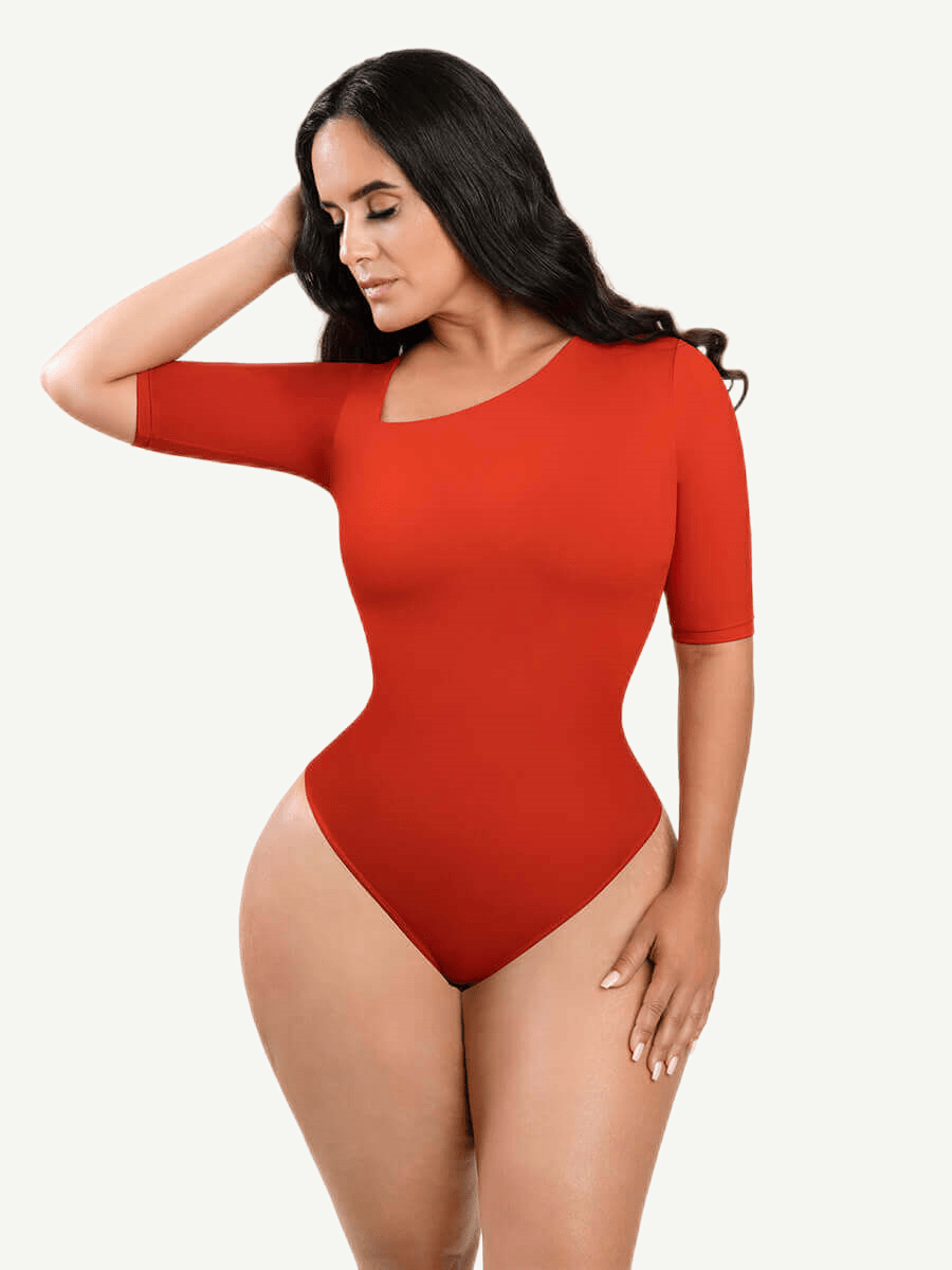 Tank Top Tight Thong Bodysuit With A Slant Cut Collar And Half Sleeves