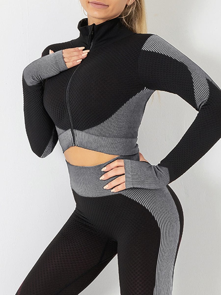 Cutie Zipper Patchwork 2 pcs Yoga Suit Thumbhole Elastic