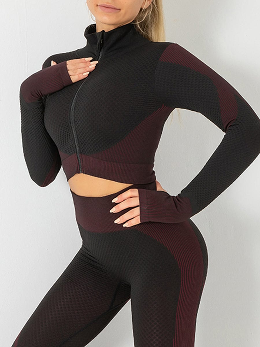 Cutie Zipper Patchwork 2 pcs Yoga Suit Thumbhole Elastic