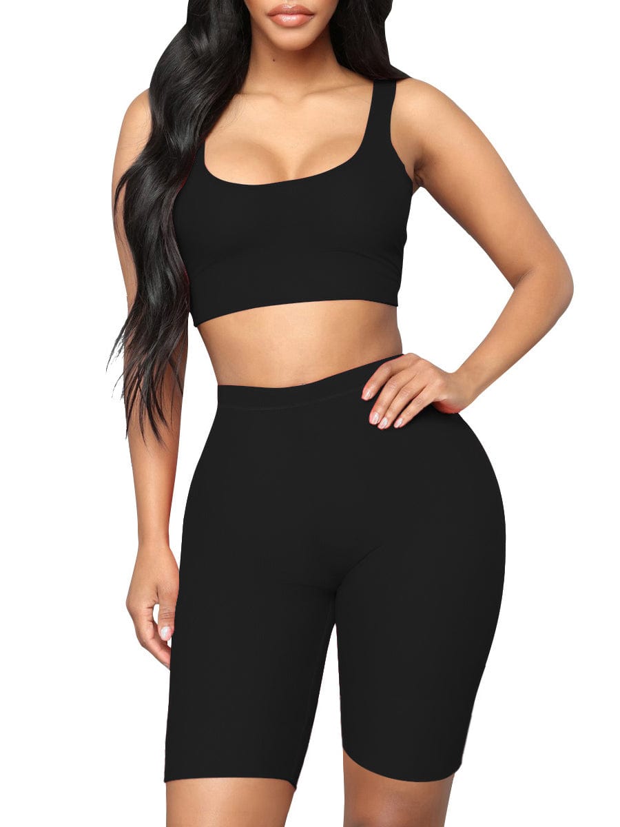 Stretched Black Scoop Neck Sports Suit High-Waist Running