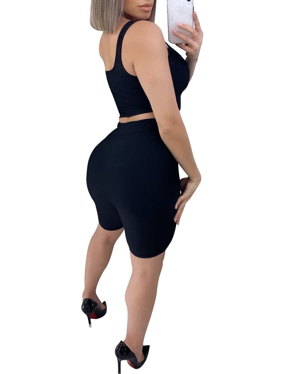 Stretched Black Scoop Neck Sports Suit High-Waist Running