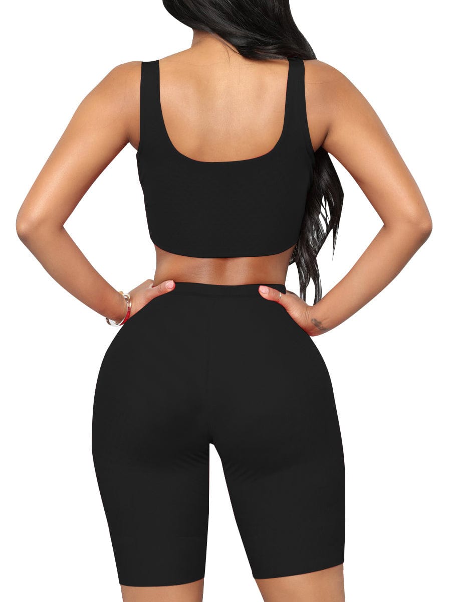 Stretched Black Scoop Neck Sports Suit High-Waist Running