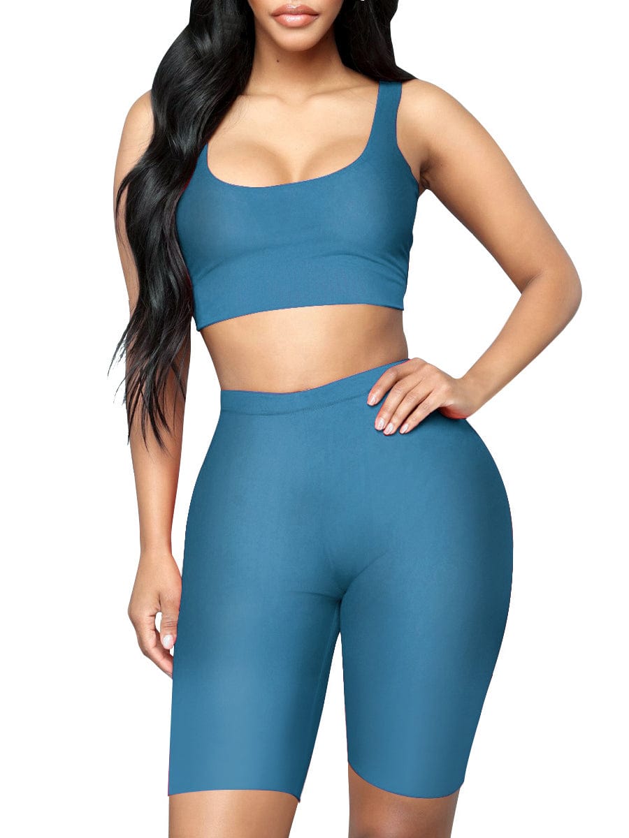 Stretched Black Scoop Neck Sports Suit High-Waist Running