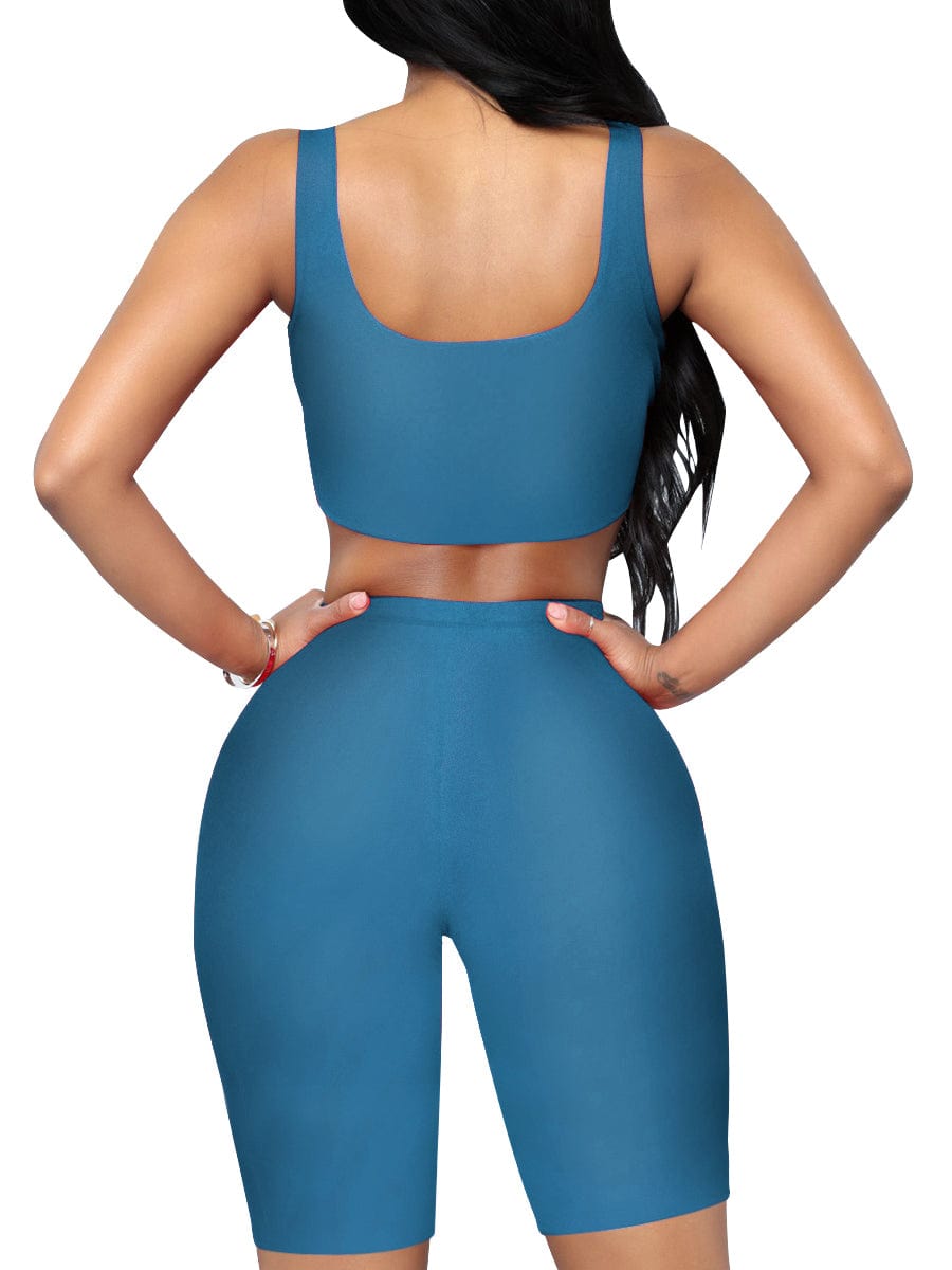 Stretched Black Scoop Neck Sports Suit High-Waist Running