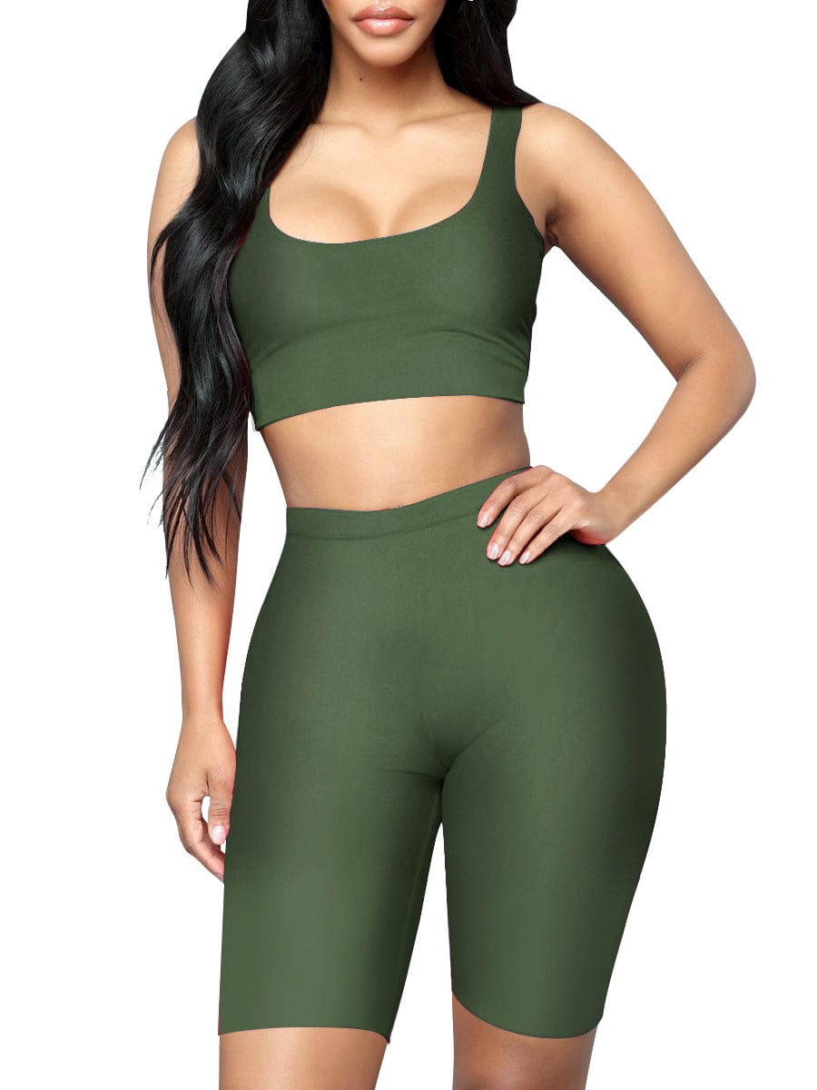 Stretched Black Scoop Neck Sports Suit High-Waist Running