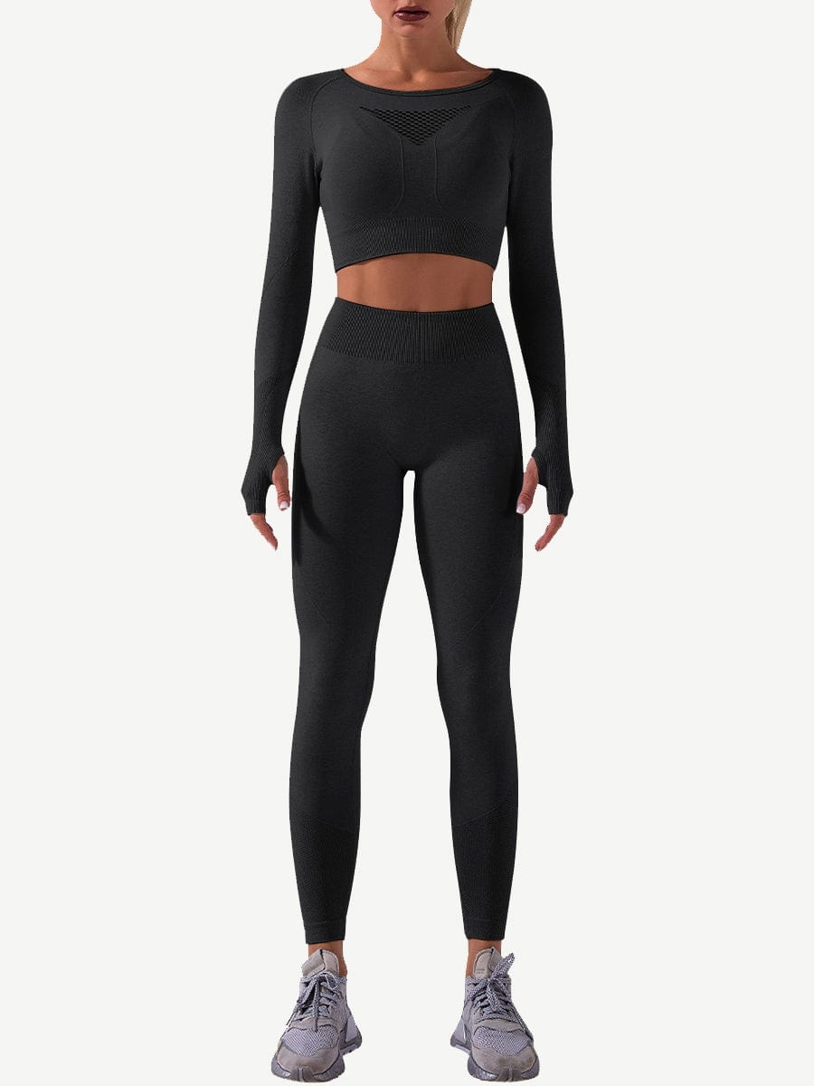 Seamless Crop Sports Suit With Thumbholes Stretchy