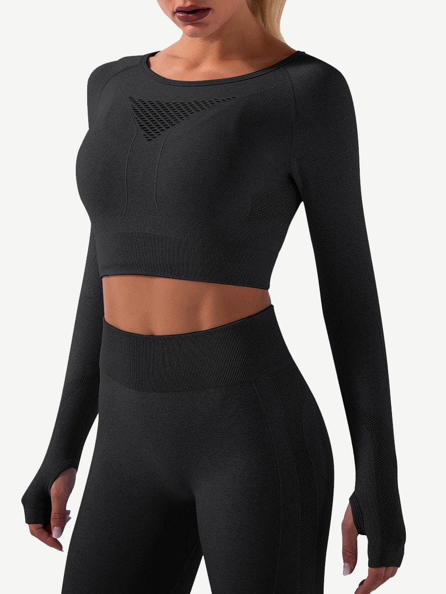 Seamless Crop Sports Suit With Thumbholes Stretchy