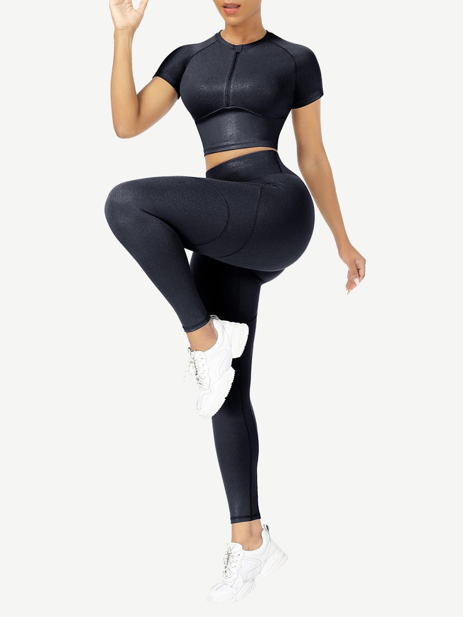 Short Sleeves High Waist Yoga Suits For Fitness Moisture Wicking