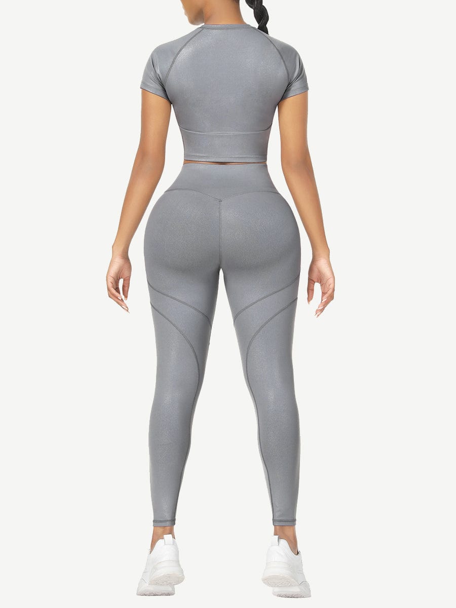 Short Sleeves High Waist Yoga Suits For Fitness Moisture Wicking