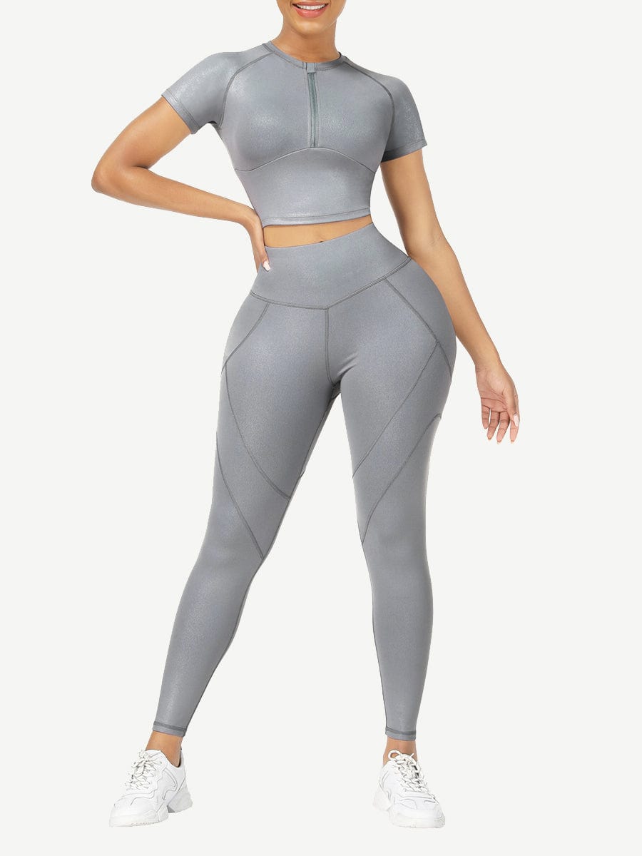 Short Sleeves High Waist Yoga Suits For Fitness Moisture Wicking