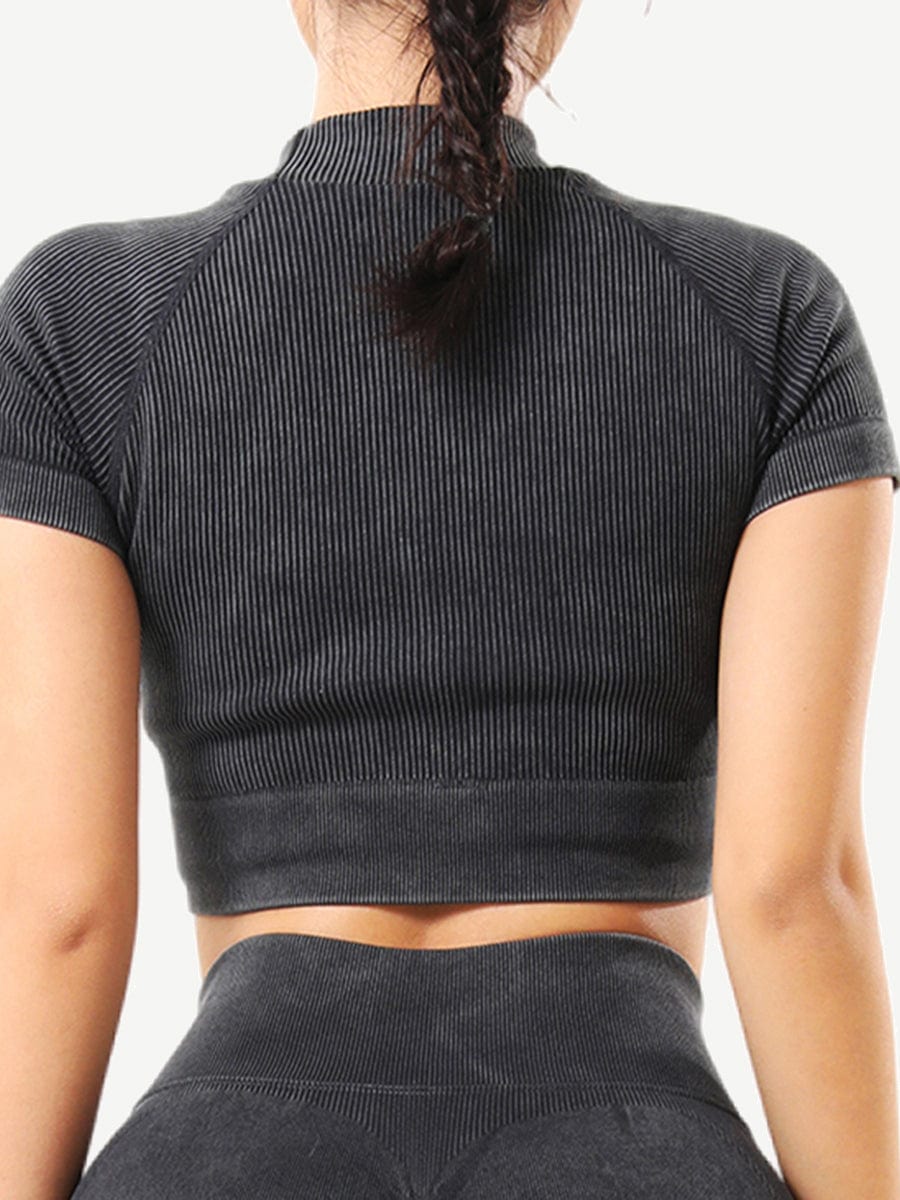 Seamless High Neck Cap Sleeve Wash Ribbed Fabric Crop Top