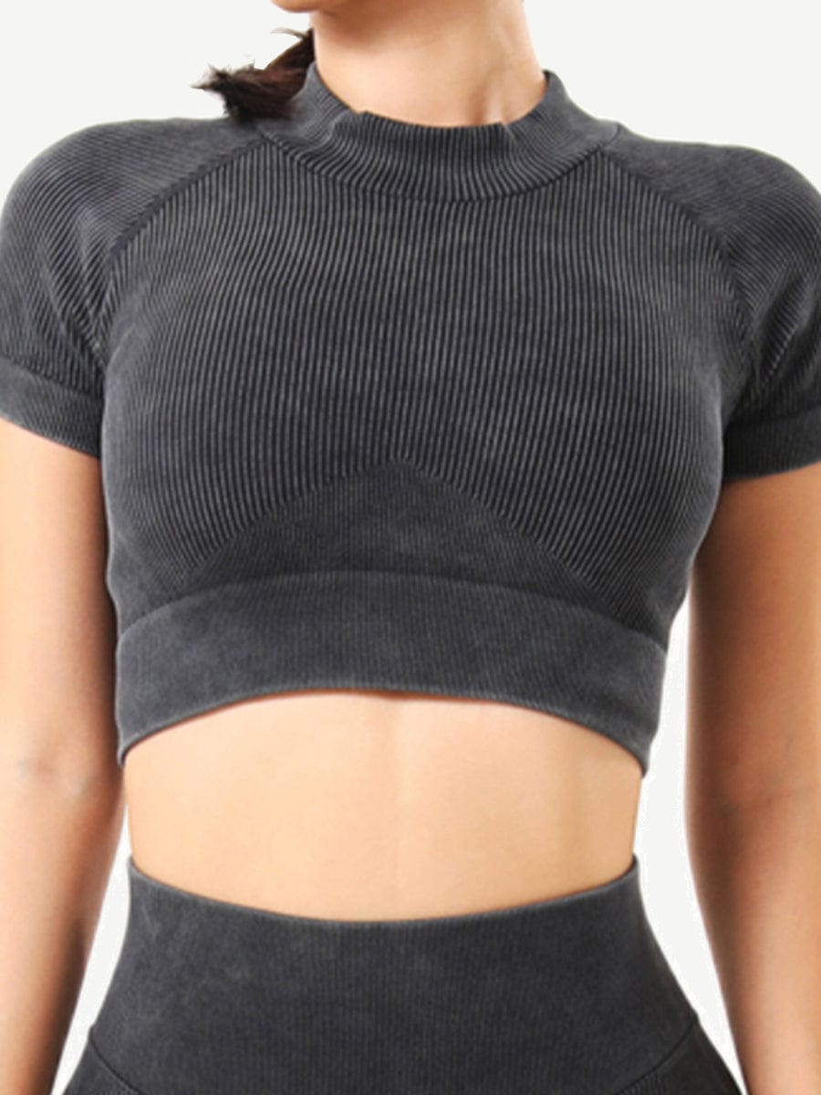 Seamless High Neck Cap Sleeve Wash Ribbed Fabric Crop Top