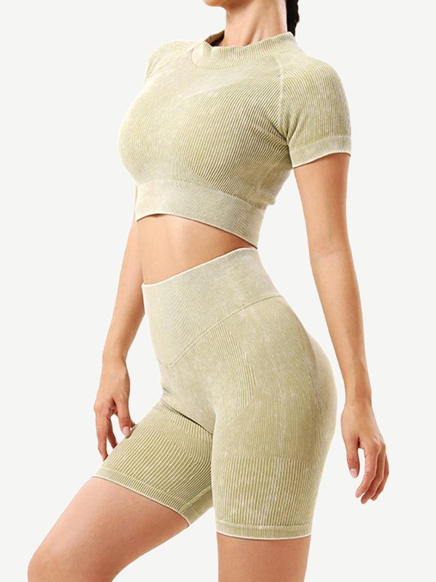 Seamless High Neck Cap Sleeve Wash Ribbed Fabric Crop Top