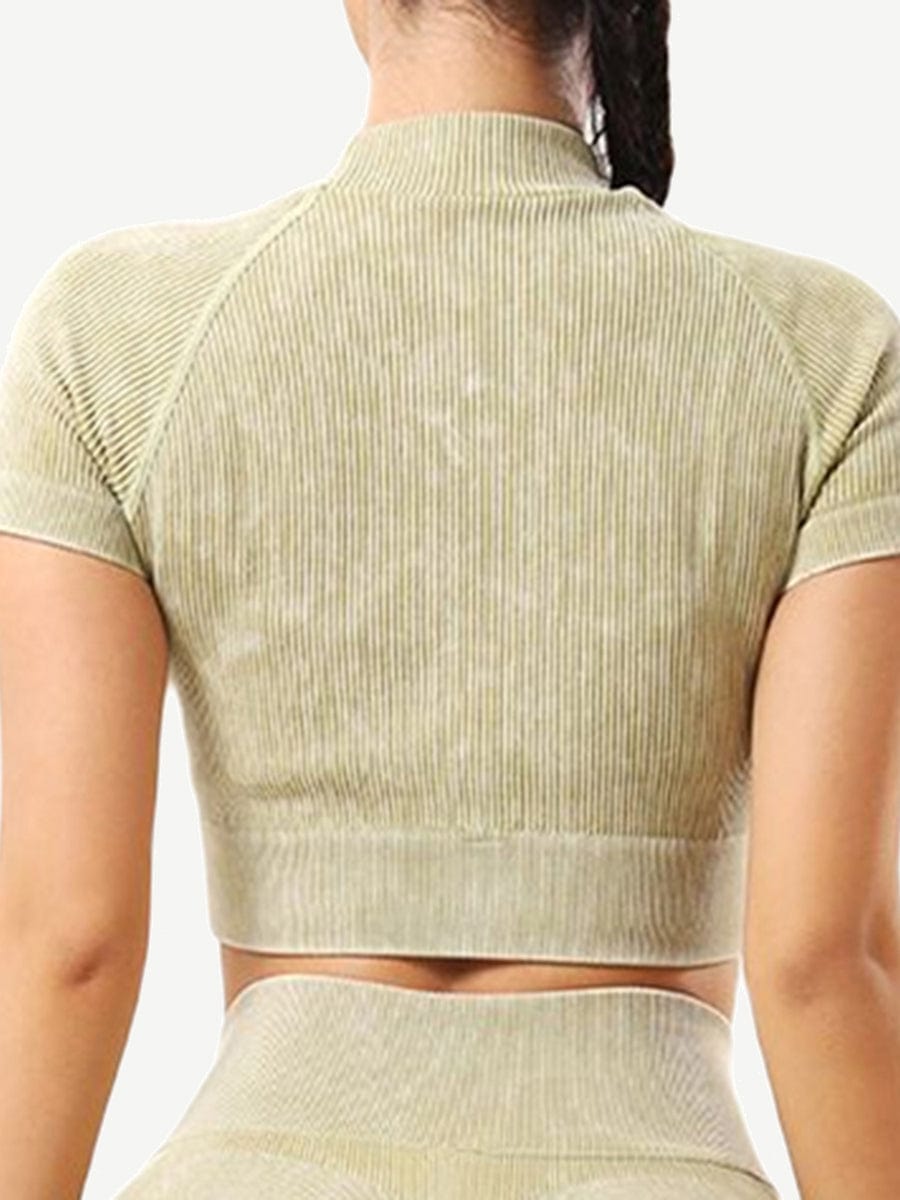 Seamless High Neck Cap Sleeve Wash Ribbed Fabric Crop Top