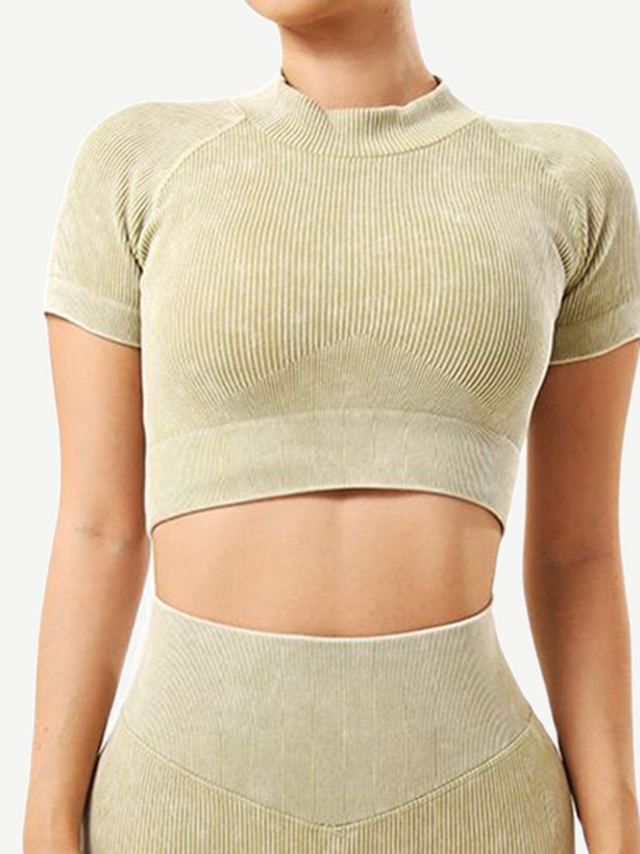 Seamless High Neck Cap Sleeve Wash Ribbed Fabric Crop Top