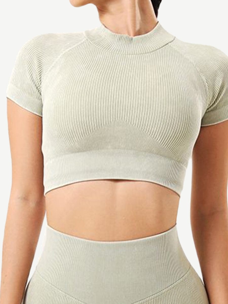 Seamless High Neck Cap Sleeve Wash Ribbed Fabric Crop Top