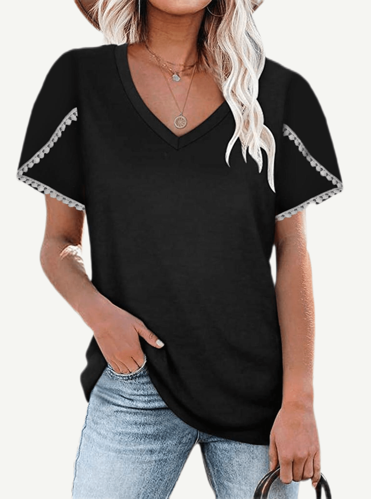 V-Neck Lace Panel Top